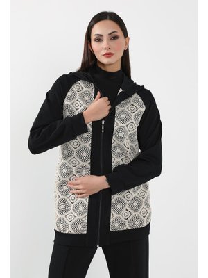 Siyah Dantel Detaylı Fermuarlı Kapüşonlu Hırka Swet,sw