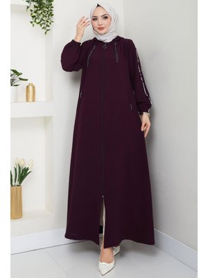 Mürdüm Zincir Detaylı Kapüşonlu Ferace Mürdüm Zincir Detaylı Kapüşonlu Ferace