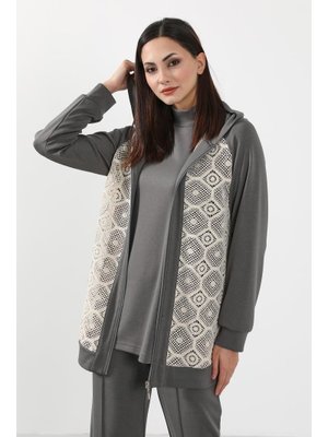 Antrasit Dantel Detaylı Fermuarlı Kapüşonlu Hırka Swet,sw