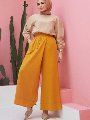 Beli Lastikli Bol Paça Pantolon Etek Hardal Beli Lastikli Bol Paça Pantolon Etek Hardal