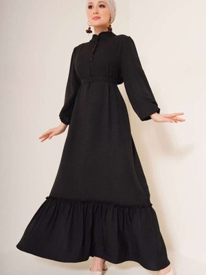 Siyah Fırfır Detaylı Yaka Düğmeli Elbise