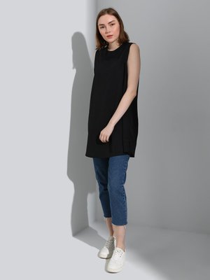 Siyah Poplin Kolsuz Basic Tunik