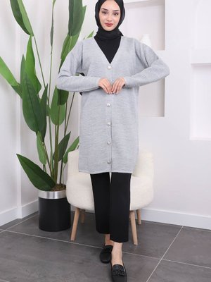 Gri Düğmeli Gofralı Triko Hırka Gri Düğmeli Gofralı Triko Hırka
