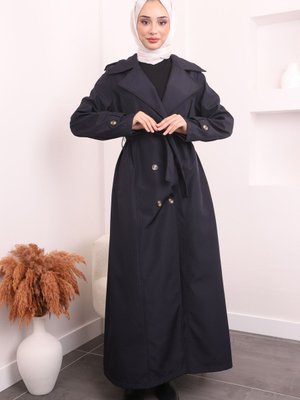 Lacivert Kruvaze Yaka Apoletli Uzun Trençkot Lacivert Kruvaze Yaka Apoletli Uzun Trençkot