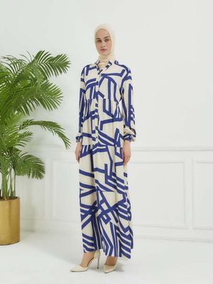 Lacivert Geometrik Desen Elbise