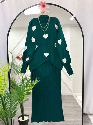 Yeşil Kalpli Triko İkili Takım Elbise