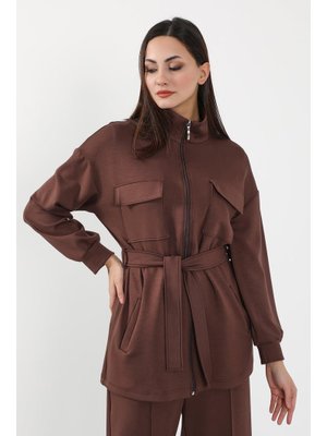 Kahverengi Fermuarlı Cepli Swet Ceket,sw