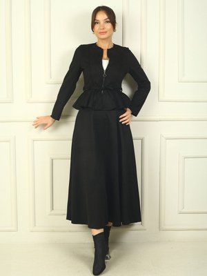 Siyah Önü Fermuarlı Beli Oturtmalı Kuşalı Ceket Lastikli Uzun Etek 2'li Süet Takım