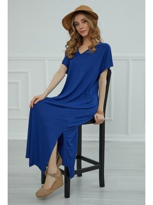 Saks Mavisi Yırtmaçlı Penye Elbise,elb