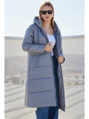 Gri Kapüşonlu Uzun Şişme Mont Gri Kapüşonlu Uzun Şişme Mont