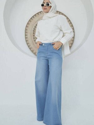 Denim Bol Paça Pantolon Açık Mavi