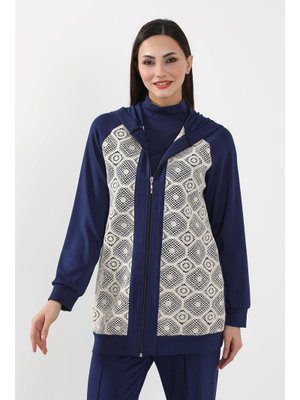 Lacivert Dantel Detaylı Fermuarlı Kapüşonlu Hırka Swet,sw