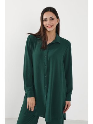 Koyu Yeşil Salaş Ve Şık Rahat Kesim Aerobin Uzun Gömlek,gm