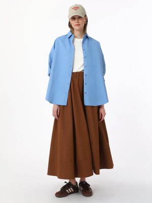 Kahverengi Poplin Kumaşlı Beli Lastikli Geniş Kalıp Etek