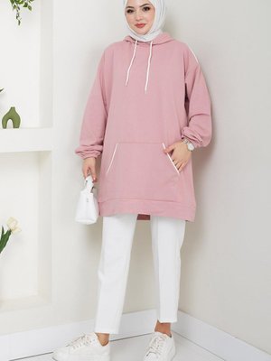 Biye Detaylı Kapüşonlu Kanguru Cepli Sweatshirt Tunik Pembe Biye Detaylı Kapüşonlu Kanguru Cepli Sweatshirt Tunik Pembe