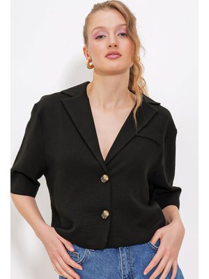 Siyah Çift Düğmeli Oversize Crop Keten Ceket Siyah Çift Düğmeli Oversize Crop Keten Ceket