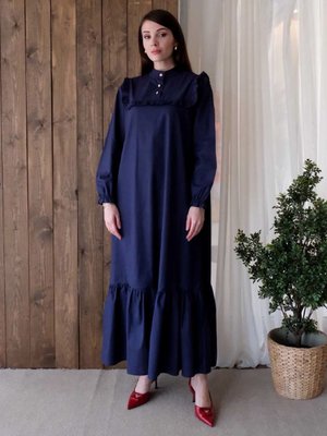 Lacivert Yakası Fırfır Detay Elbise