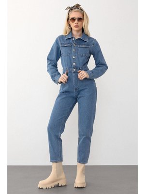 Mavi Gömlek Yaka Cep Detaylı Tulum Mavi Gömlek Yaka Cep Detaylı Tulum