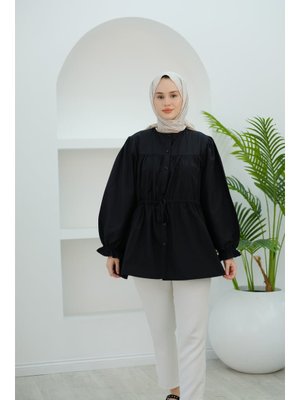 Siyah Robadan Büzgü Detaylı Balon Kol Gömlek