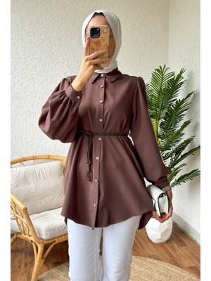 Kahverengi Örgü Kemerli Tunik