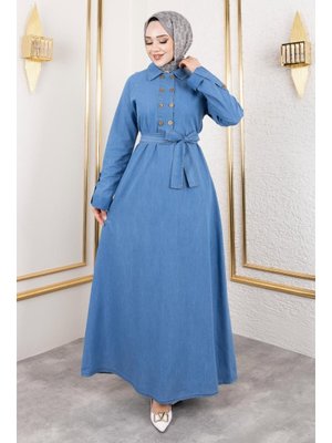 Açık Mavi Düğme Detaylı Kot Elbise