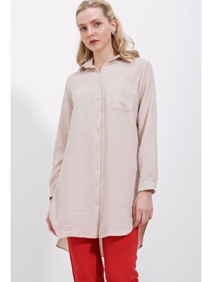 Krem Tek Cepli Gömlek Tunik Krem Tek Cepli Gömlek Tunik