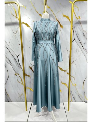 Mint Yeşili Feray Saten Abiye Elbise