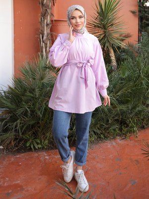 Lila Kol Yaka Büzgülü Kemerli Tunik