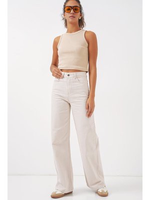 Ekru Bol Paça Yüksek Bel Palazzo Kot Pantolon Ekru Bol Paça Yüksek Bel Palazzo Kot Pantolon