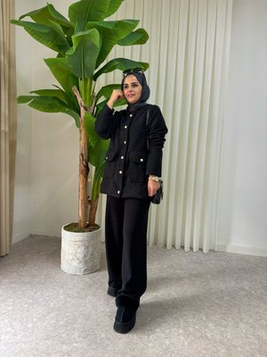 Altın Detaylı Siyah Teddy Ceket İkili Takım Zarif Ve Modern