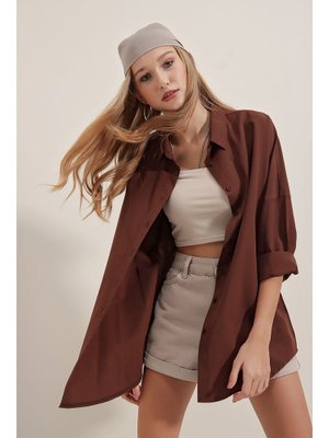 Kahverengi Oversize Uzun Basic Gömlek Kahverengi Oversize Uzun Basic Gömlek