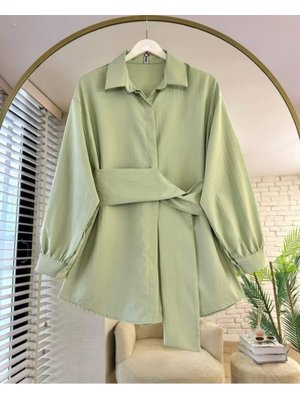 Kendinden Çizgili Beli Kuşaklı Armürlü Tunik