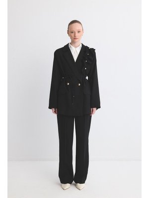 Siyah Olia Fırfır Detaylı Blazer Ceket Takım