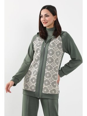 Haki Dantel Detaylı Fermuarlı Kapüşonlu Hırka Swet,sw