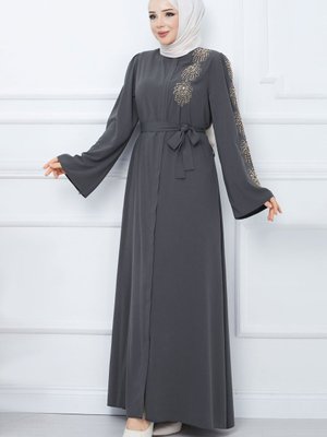 Kolu Boncuk İşlemeli Kuşaklı Ferace Antrasit Kolu Boncuk İşlemeli Kuşaklı Ferace Antrasit