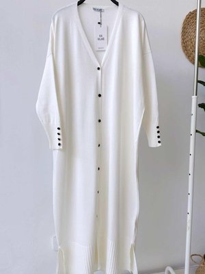 Maxi Boy Düğmeli Merserize Hırka Beyaz