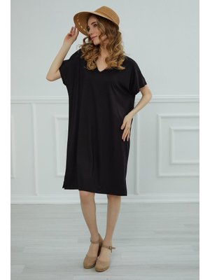 Siyah Yırtmaçlı Penye Kısa Elbise,elb