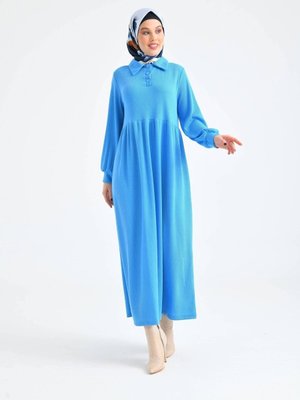 Mavi Düğmeli Yaka Balon Kol Gömlek Elbise Mavi Düğmeli Yaka Balon Kol Gömlek Elbise