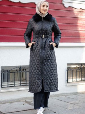 Kürk Detaylı Tam Boy Kapitone Mont