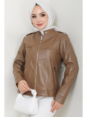 Vizon Fermuarlı Hakim Yaka Suni Deri Ceket Vizon Fermuarlı Hakim Yaka Suni Deri Ceket