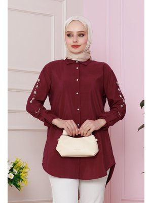 Bordo Kolu Çakım Detaylı Tunik Bordo Kolu Çakım Detaylı Tunik