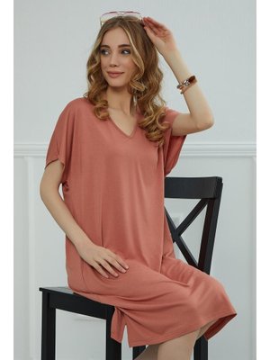 Somon Yırtmaçlı Penye Kısa Elbise,elb