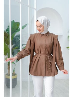 Kahverengi Pile Detay Önü Gizli Düğmeli Gömlek