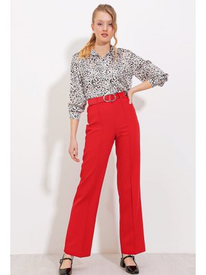 Kırmızı Yüksek Bel Kumaş Pantolon Kırmızı Yüksek Bel Kumaş Pantolon