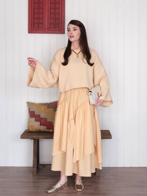 Sarı Yarasa Kol Triko Crop & Kat Detay Bohem Etek