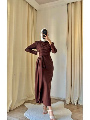Scuba Drapeli Kahverengi Elbise Scuba Drapeli Kahverengi Elbise