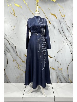 Lacivert Burcu Krep Saten Abiye Elbise