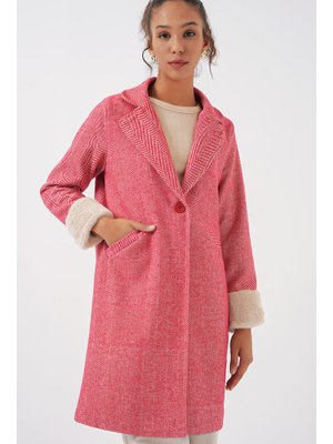 Kırmızı Kolları Tüylü Balık Sırtı Kaşe Kaban