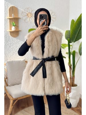 Taş Rengi Kuşaklı Peluş Yelek