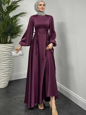 Orya Yanları Sıkmalı Saten Abiye Elbise Mor Orya Yanları Sıkmalı Saten Abiye Elbise Mor